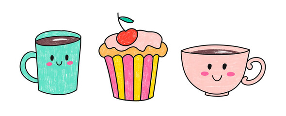 Hand Drawn illustration isolated on white background. Sweets Set of elements. Kawaii characters. Cute face emotions in cartoon pencil style. cupcake, cup of tea, coffee, mug, Kids party, t shirt,