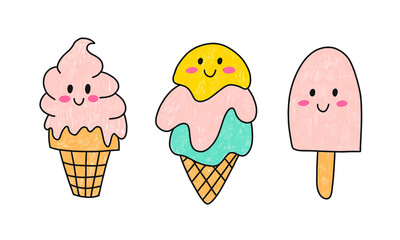 Hand Drawn illustration isolated on white background. Summer sweets Fast Food. Set of ice cream in a waffle cone and popsicle. Kawaii characters set Cute face emotions in cartoon pencil style clip art