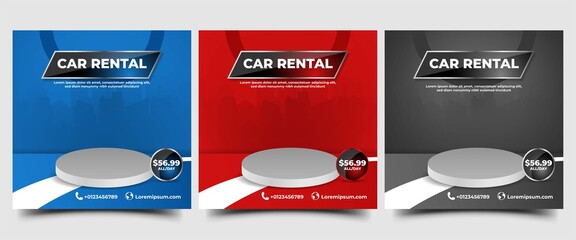 Car rental promotion social media post banner template. Modern banner template with podium illustration.