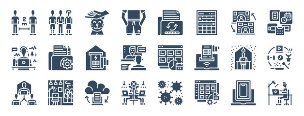 set of 24 work from home web icons in glyph style such as play with pet, time management, cloud, management, stay at home, working. vector illustration.