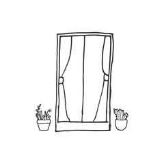 open window with two houseplants illustration. flowerpot beside window. simple window isolated on white bakcground. hand drawn vector. doodle art for kids,wallpaper, poster, clipart, sticker, coloring