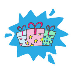 Fototapeta premium three gift boxes illustration with blue paint splash. hand drawn vector. christmas and birthday gift box with ribbon. doodle art for wallpaper, cover, poster, advertising, greeting, postcard, banner. 