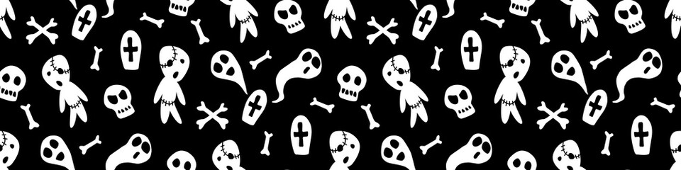 Happy Halloween-seamless pattern with set of characters-zombies, ghosts, skulls and bones. Textured background for greeting card, invitation, party poster, banner