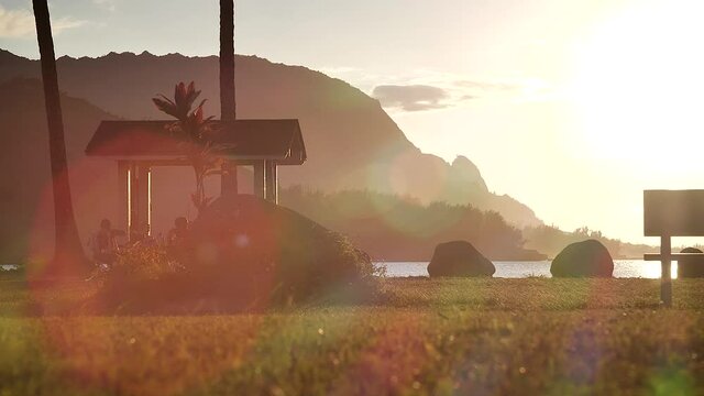 Sunset in Hanalei Bay, Kauai, Hawaii. Mid angle, parallax movement, HD.