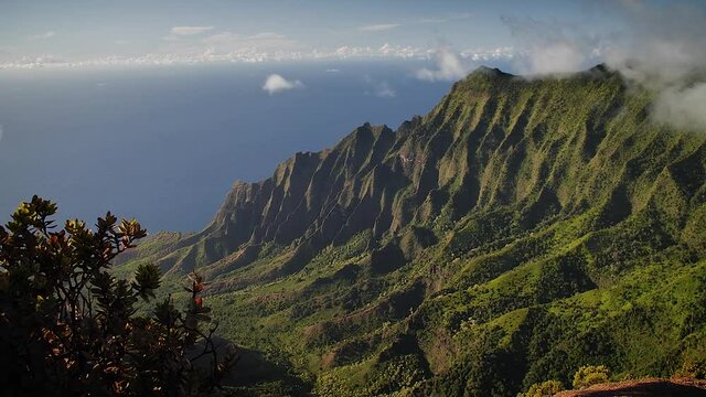 Dramatic Na Pali Coast at sunset in Kauai, Hawaii. Mid angle, parallax movement, HD.