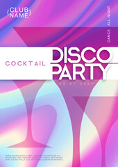 Cocktail  modern disco party poster. Cocktail silhouette on abstract holographic background.