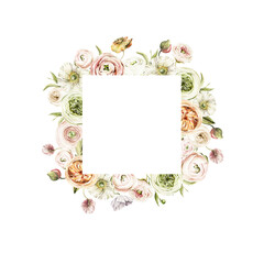 Watercolor floral frame. Hand painted wreath of anemone, ranunculus, pink peonies. Flower, leaves isolated on white background. Botanical illustration for design, print or background