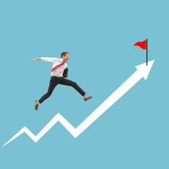 Successful businessman running up the arrow, path to success and goal.