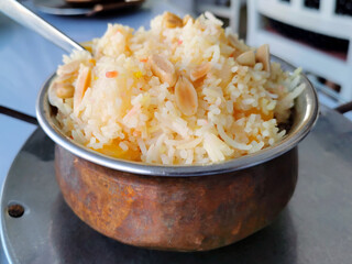 Indian vegetables and fruits fried rice. Navratan Pulao or one pot meal background.  Traditional Indian food. 