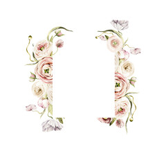 Watercolor floral frame. Hand painted wreath of anemone, ranunculus, pink peonies. Flower, leaves isolated on white background. Botanical illustration for design, print or background