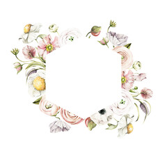 Watercolor floral frame. Hand painted wreath of anemone, ranunculus, pink peonies. Flower, leaves isolated on white background. Botanical illustration for design, print or background