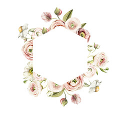 Watercolor floral frame. Hand painted wreath of anemone, ranunculus, pink peonies. Flower, leaves isolated on white background. Botanical illustration for design, print or background