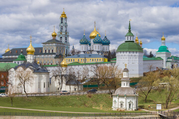Fototapeta na wymiar Holy Trinity St. Sergius Lavra on a cloudy April day. Sergiev Posad. Moscow region, Russia