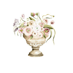 Watercolor floral composition. Hand painted vase, anemone, ranunculus, pink peonies bouquet set. Flower, leaves isolated on white background. Botanical illustration for design, print or background