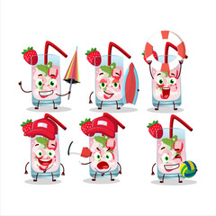 Happy Face strawberry mojito cartoon character playing on a beach