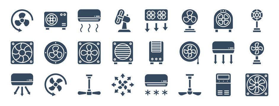 set of 24 air ventilation web icons in glyph style such as air conditioner, air cooler, ceiling fan, ceiling fan, cooler, conditioner. vector illustration.
