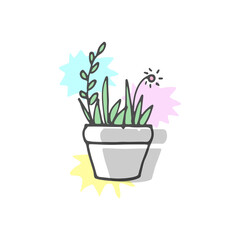 beautiful houseplant illustration on white background. potted plant icon, flowerpot with color paint spattered. hand drawn vector. doodle art for logo, wallpaper, poster, banner, clipart, sticker. 