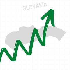 Slovakia map with rising arrow showing economic growth. Nation economy recovered, financial growth, stock trading up, equity price move up, bull market. Upward trend green arrow business concept 
