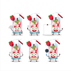 Naklejka premium Cartoon character of strawberry mojito with various chef emoticons
