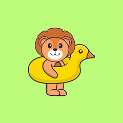 Cute lion With Duck buoy. Animal cartoon concept isolated. Can used for t-shirt, greeting card, invitation card or mascot. Flat Cartoon Style