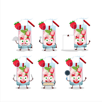 Cartoon character of strawberry mojito with various chef emoticons