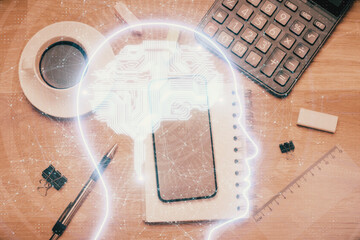 Double exposure of brain drawing over work table desktop. Top view. Global data analysis concept.
