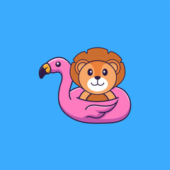 Cute lion With flamingo buoy. Animal cartoon concept isolated. Can used for t-shirt, greeting card, invitation card or mascot. Flat Cartoon Style