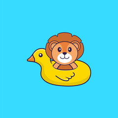 Cute lion With Duck buoy. Animal cartoon concept isolated. Can used for t-shirt, greeting card, invitation card or mascot. Flat Cartoon Style