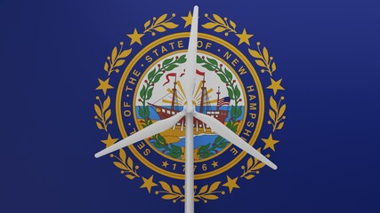 Large wind turbine in center with a background of the US state flag of New Hampshire