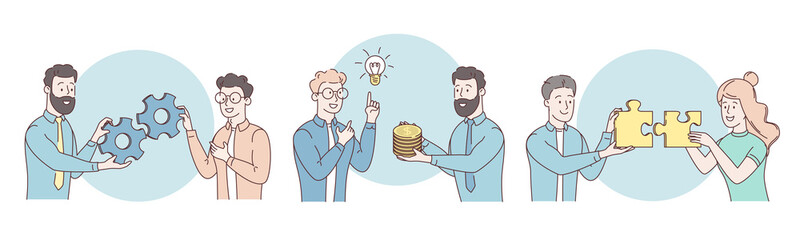 Merger of companies. Buy idea. Modern abstract concept of business cooperation, Collaboration. Experience and initiative metaphor. Business Marketing illustrations set. Scenes business activity