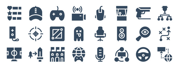 set of 24 esports web icons in glyph style such as gamepad, chair, arena, connection, network, viewership. vector illustration.