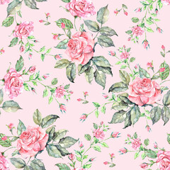 Watercolor seamless pattern with flowers rose on pink background.