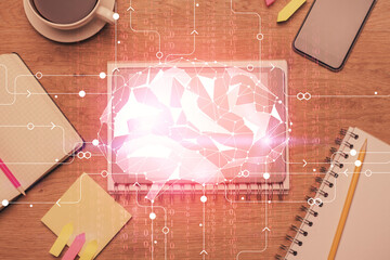 Multi exposure of brain drawing over work table desktop. Top view. Global data analysis concept.