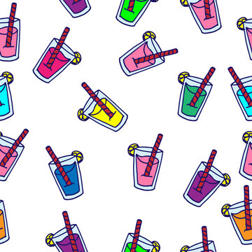 seamless pattern with glass of water with straw and lemon slice illustration on white background. hand drawn vector. doodle art for wallpaper, fabric, backdrop, textile, wrapping paper and gift. 