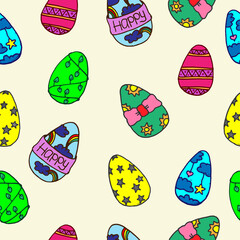 seamless pattern with colorful easter egg on yellow background. cute decorative design. hand drawn vector. doodle art for wallpaper, backdrop, fabric, card, wrapping paper and gift. easter egg icon. 