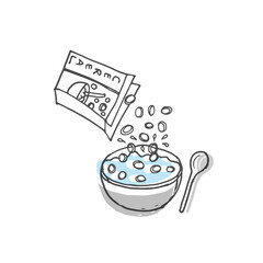 pouring cereal into a bowl with spoon illustration. breakfast icon, cereal with fresh milk. hand drawn vector. healthy breakfast. doodle art for logo, sticker, branding, poster, advertising, cover. 