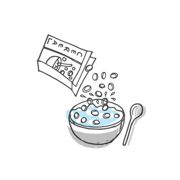 recommend clip art: pouring cereal into a bowl with spoon illustration. breakfast icon, cereal with fresh milk. hand drawn vector. healthy breakfast. doodle art for logo, sticker, branding, poster, advertising, cover. 