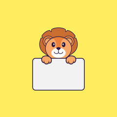 Cute lion holding whiteboard. Animal cartoon concept isolated. Can used for t-shirt, greeting card, invitation card or mascot. Flat Cartoon Style