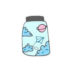 space in the jar illustration on white background. cloud, planet and aircraft icon. hand drawn vector. cute doodle art for kids, logo, wall decoration, poster, cover, sticker, clipart, fashion. 