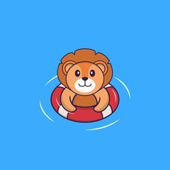 Cute lion is Swimming with a buoy. Animal cartoon concept isolated. Can used for t-shirt, greeting card, invitation card or mascot. Flat Cartoon Style