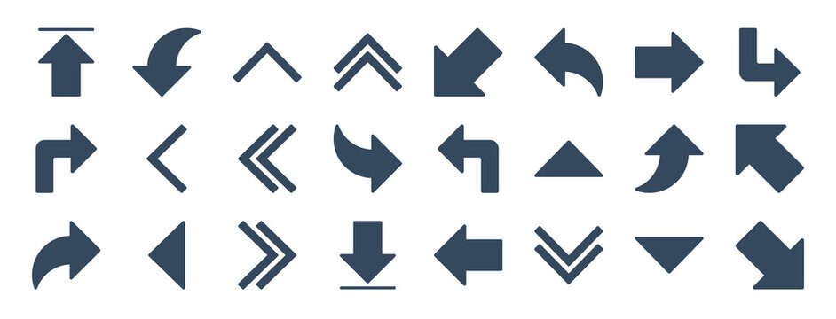 set of 24 arrow web icons in glyph style such as upward arrow, turn left, fast forward, down arrows, down right arrow, upward vector illustration.