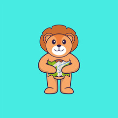 Cute lion holding a map. Animal cartoon concept isolated. Can used for t-shirt, greeting card, invitation card or mascot. Flat Cartoon Style