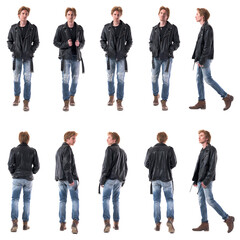 Set of stylish biker or rocker walking man in leather jacket and jeans. Side, front and back view....
