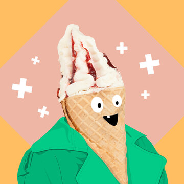 Funny Ice Cream Cone As Human Face And Green Fashion Blazer.