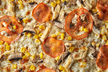 pizza with tomato, corn and mushrooms 