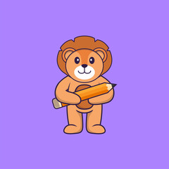 Cute lion holding a pencil. Animal cartoon concept isolated. Can used for t-shirt, greeting card, invitation card or mascot. Flat Cartoon Style