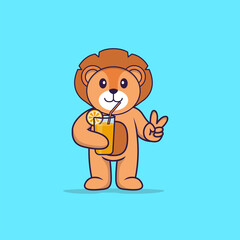Cute lion holding orange juice in glass. Animal cartoon concept isolated. Can used for t-shirt, greeting card, invitation card or mascot. Flat Cartoon Style