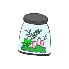 beautiful plant on the jar illustration on white background. hand drawn vector. modern scribble. jar with lid. decorative abstract pattern. doodle art for logo, label, cover, sticker, clipart, poster.
