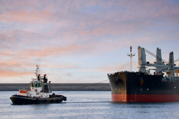 Fototapeta premium tugboat towing a large ship to enter the port of Bilbao
