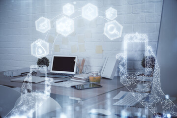 Double exposure of tech theme drawings and office interior background. Technology concept.